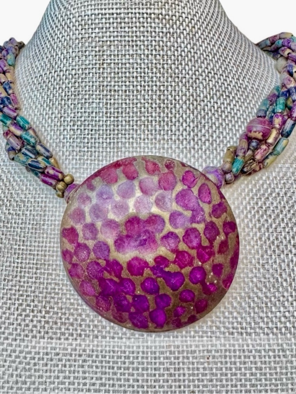 Hammered Metal Brass Purple Disc Pendant with Multicolor Metal Beads Necklace